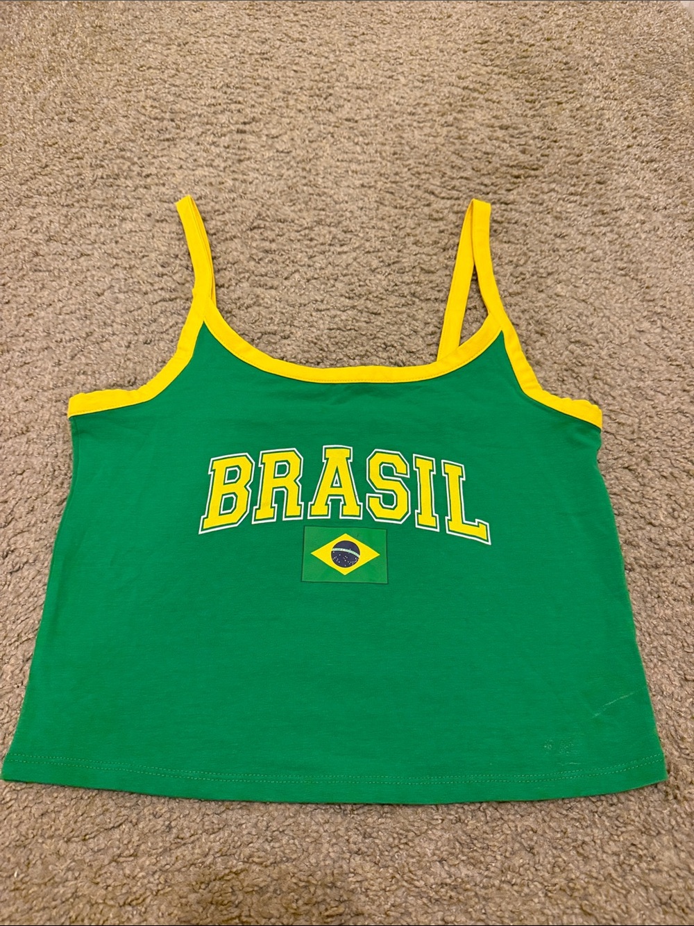 Primark Green Tank Top with Yellow Trim and Brasil Print